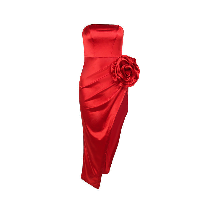 STRAPLESS FLOWER SATIN MIDI DRESS
