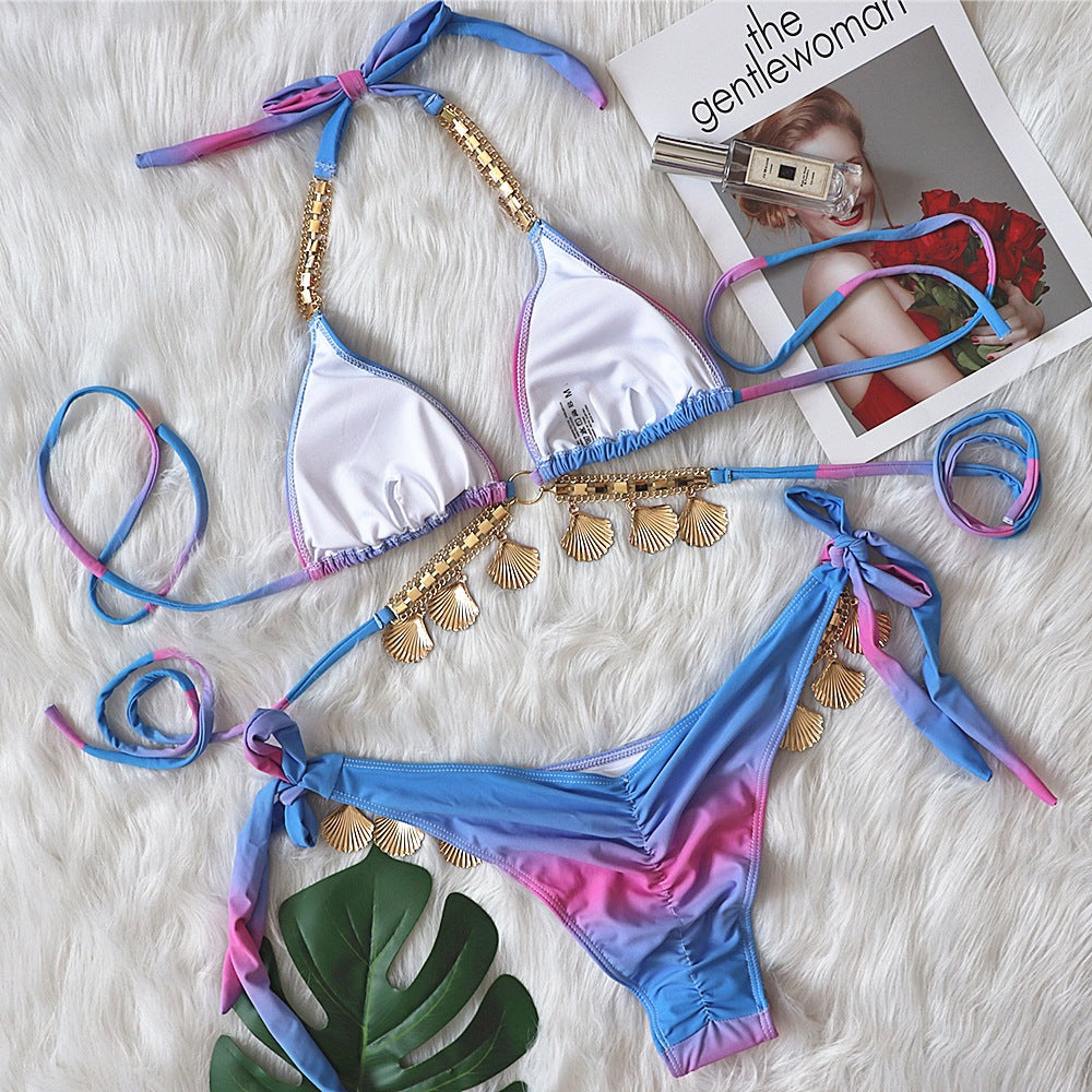 OMBRE RHINESTONE TRIMMED BIKINI TWO PIECE SET IN PURPLE-Swimwear-Oh CICI SHOP