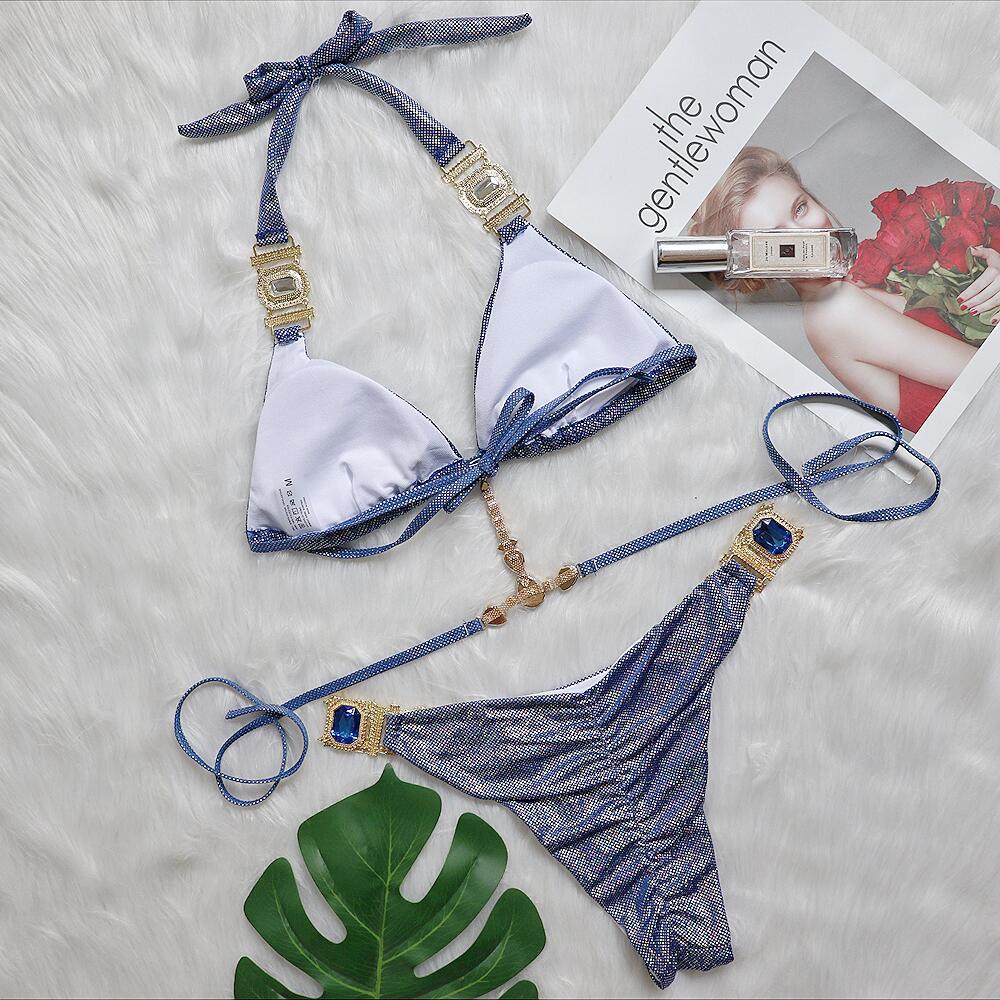 CRYSTAL SPARKLE BIKINI TWO PIECE SET IN BLUE-Swimwear-Oh CICI SHOP