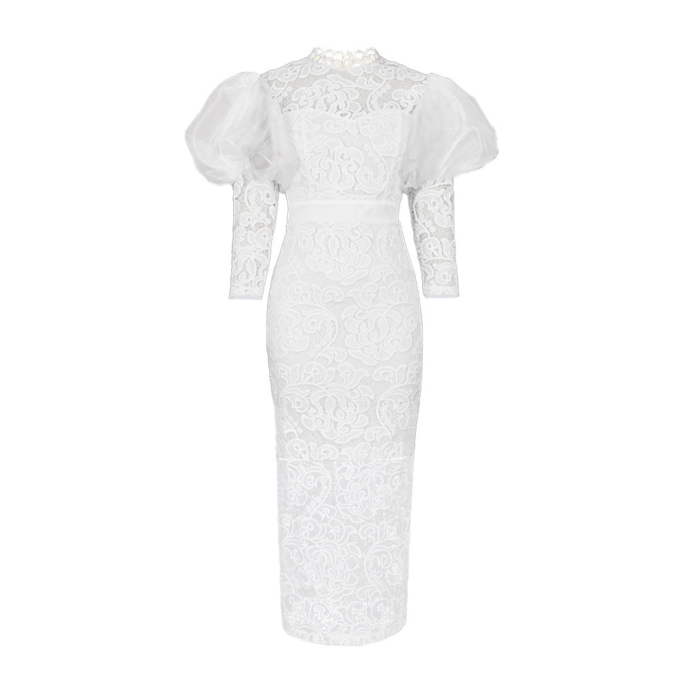 WHITE PUFF SLEEVE LACE MIDI DRESS