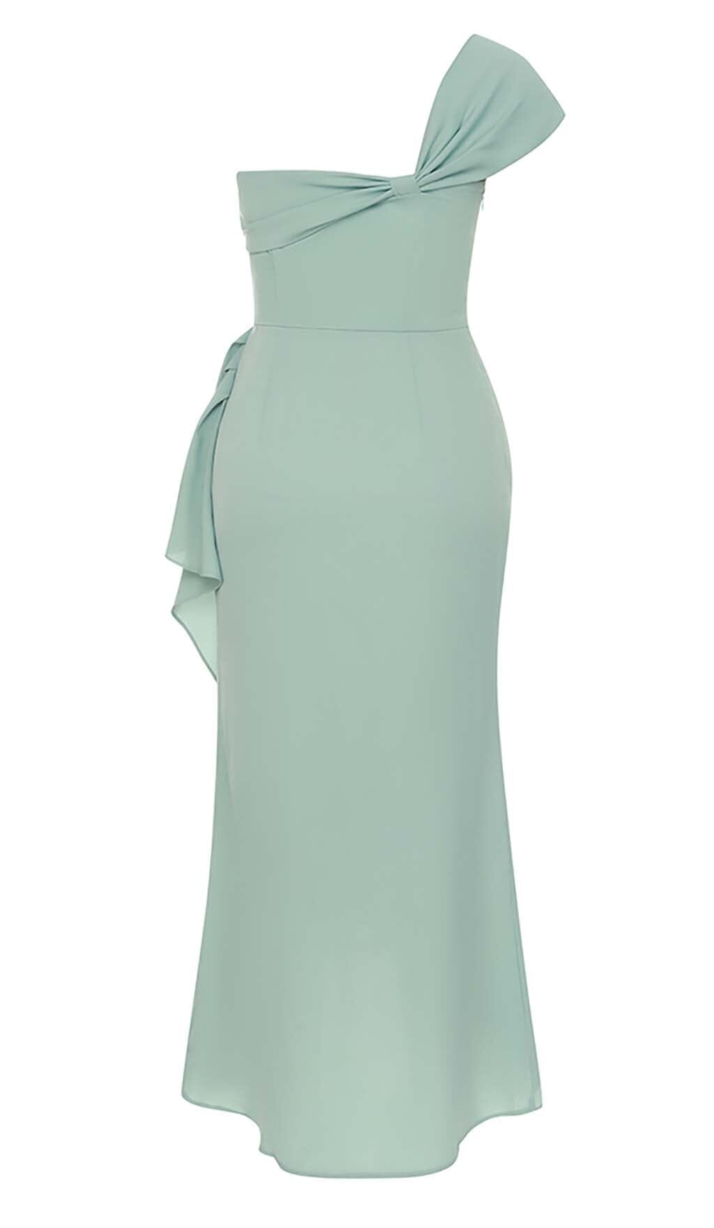 ONE SHOULDER RUCHED MIDI DRESS IN MINT DRESS sis label 