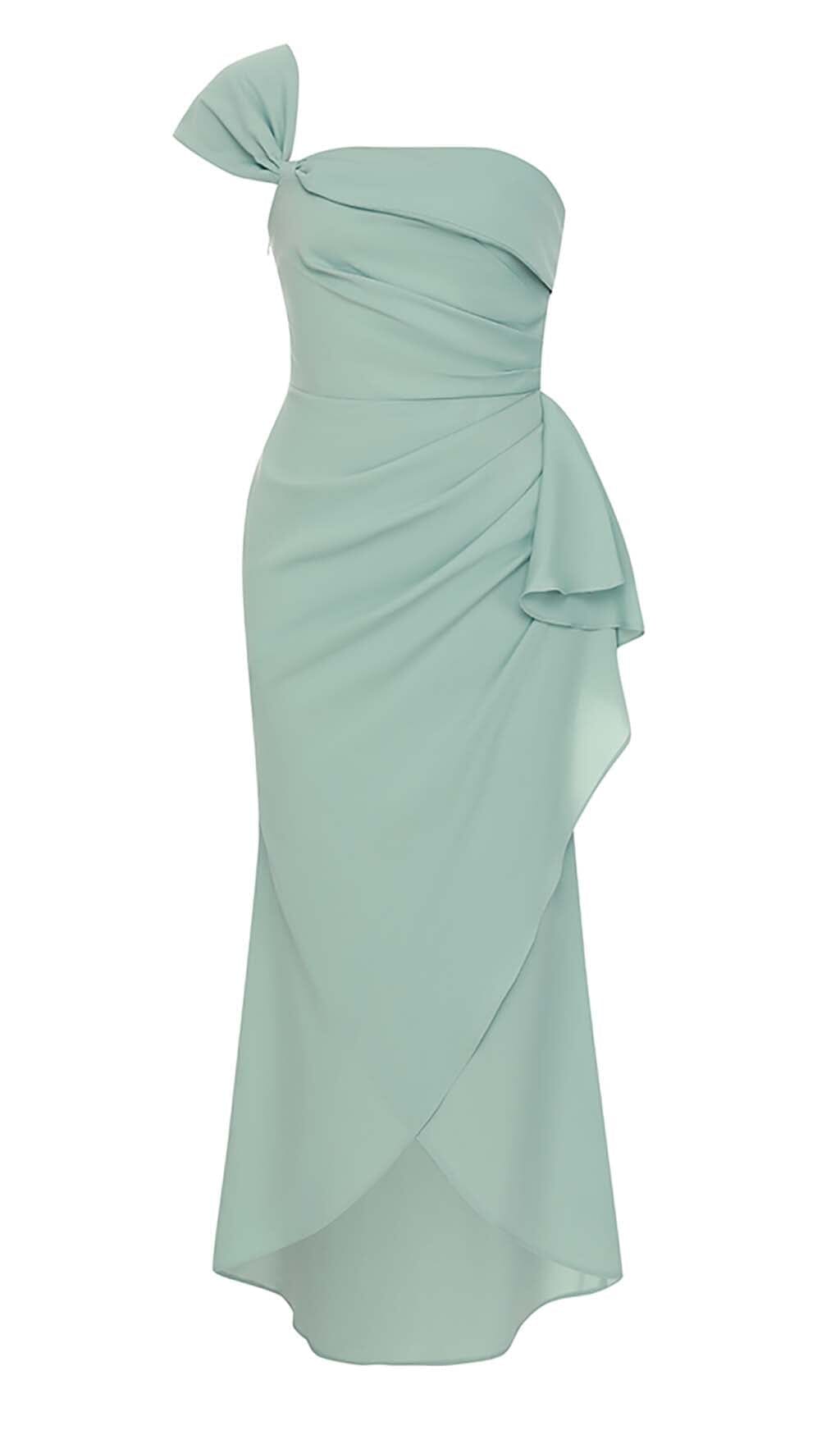 ONE SHOULDER RUCHED MIDI DRESS IN MINT DRESS sis label 