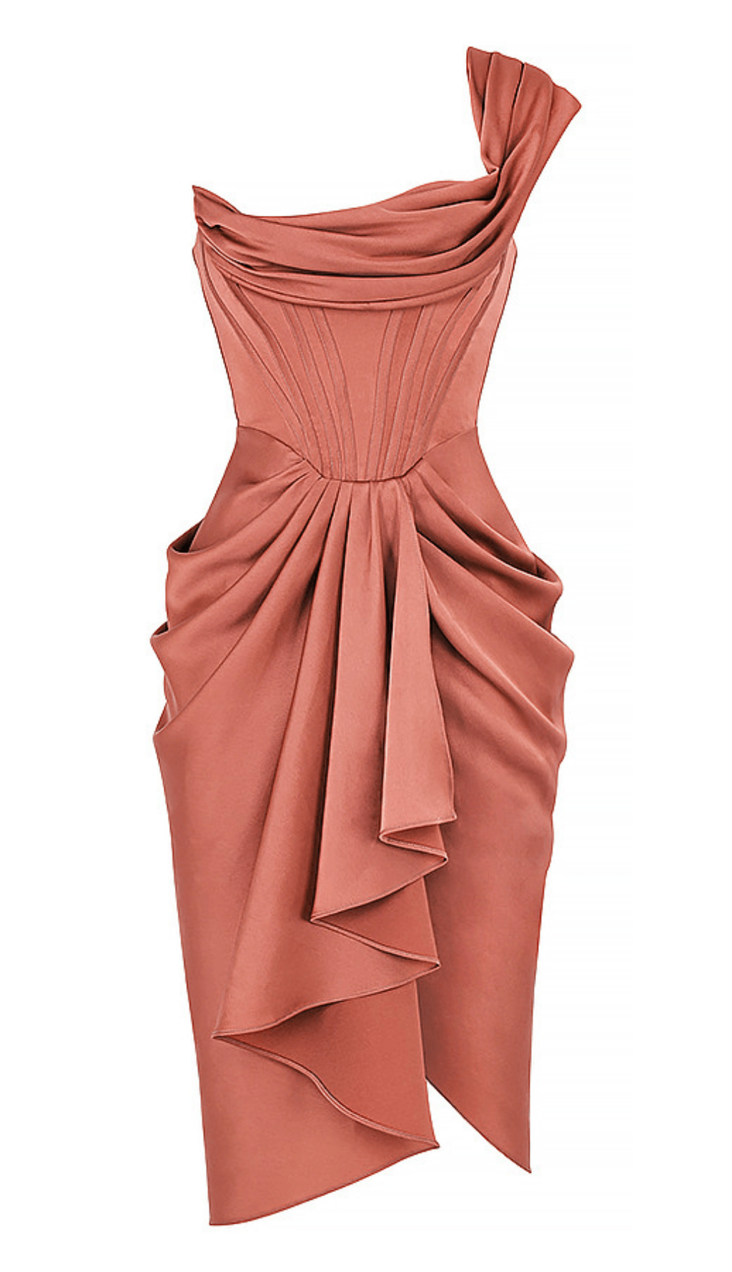 ROUGE SATIN ONE SHOULDER DRAPED MIDI DRESS