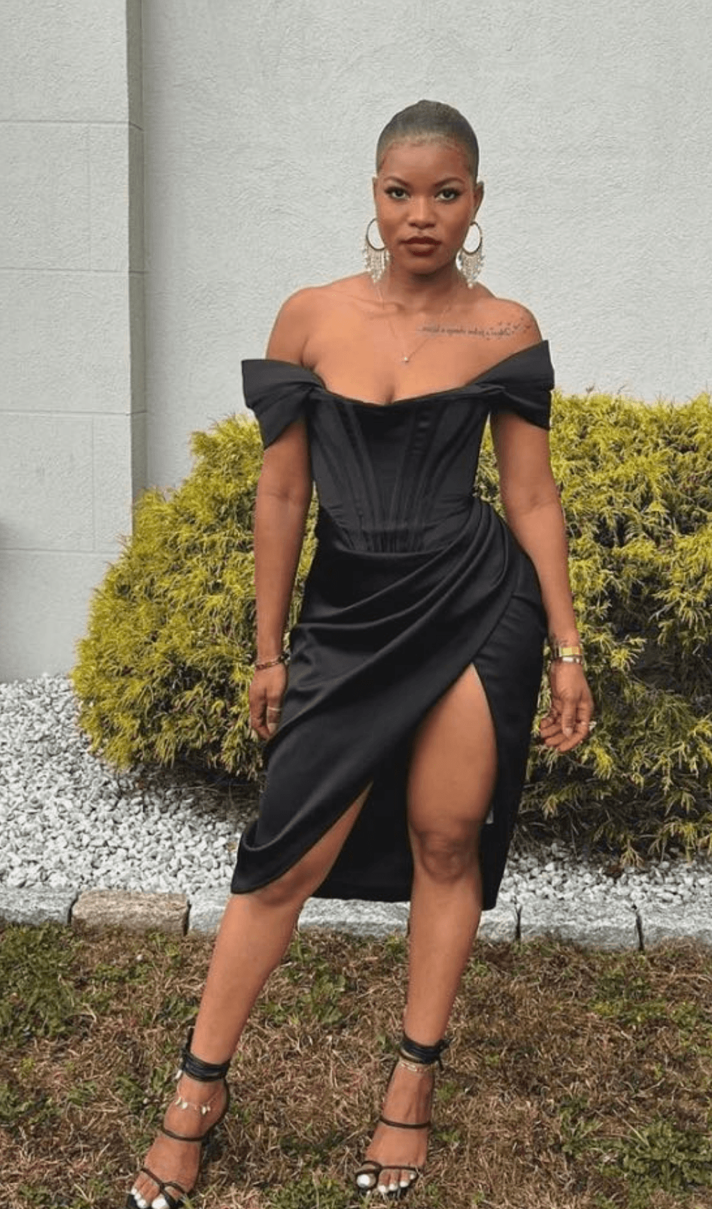 SATIN OFF SHOULDER MIDI DRESS IN BLACK styleofcb 