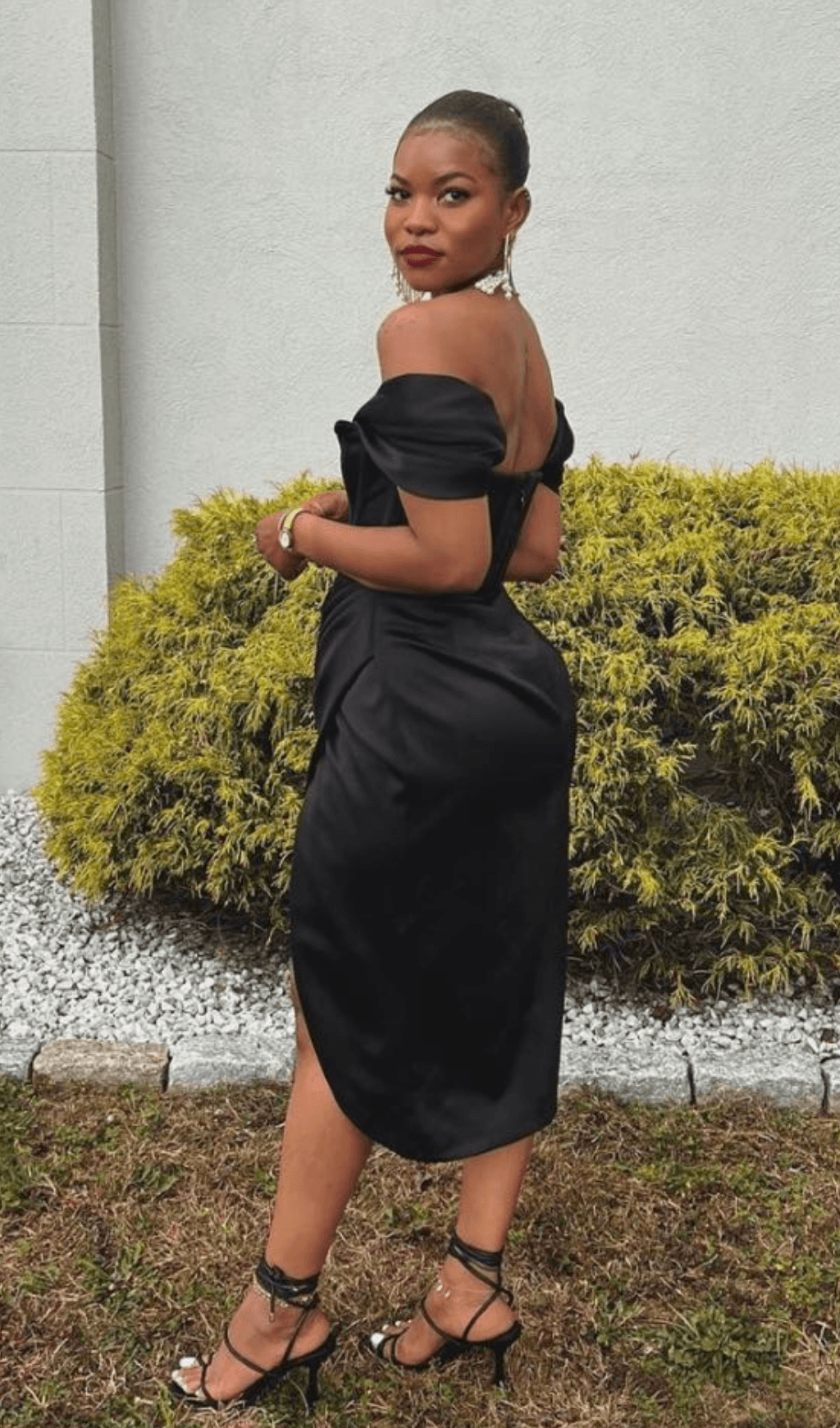 SATIN OFF SHOULDER MIDI DRESS IN BLACK styleofcb 