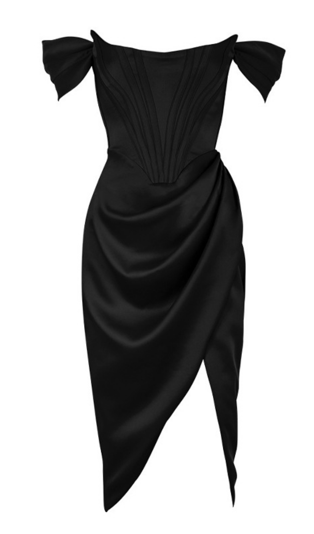 SATIN OFF SHOULDER MIDI DRESS IN BLACK styleofcb 