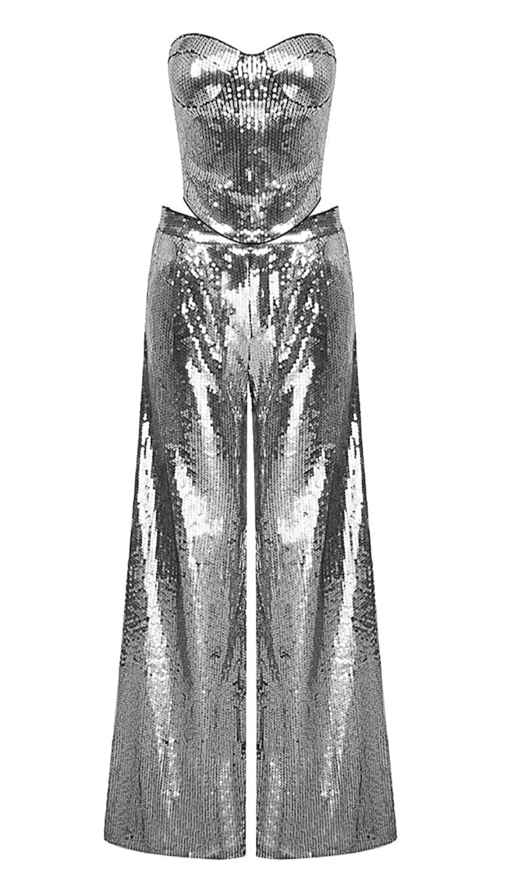 STRAPLESS SILVER SEQUIN TOP PANTS TWO PIECE SET BODYSUITS & JUMPSUITS Oh CICI XS Sliver 