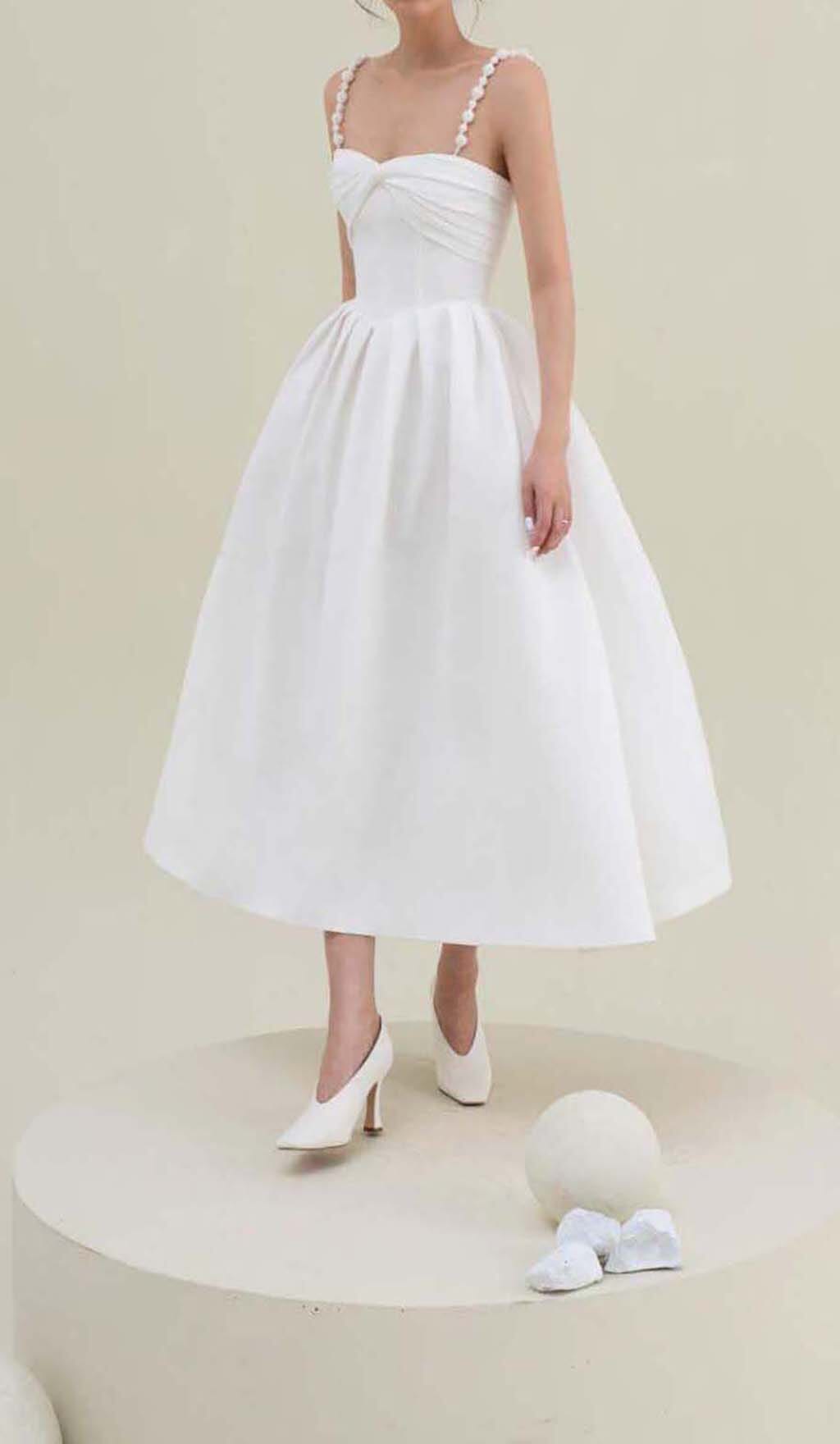 TWISTED PEARL STRAP MIDI DRESS IN WHITE DRESS STYLE OF CB 