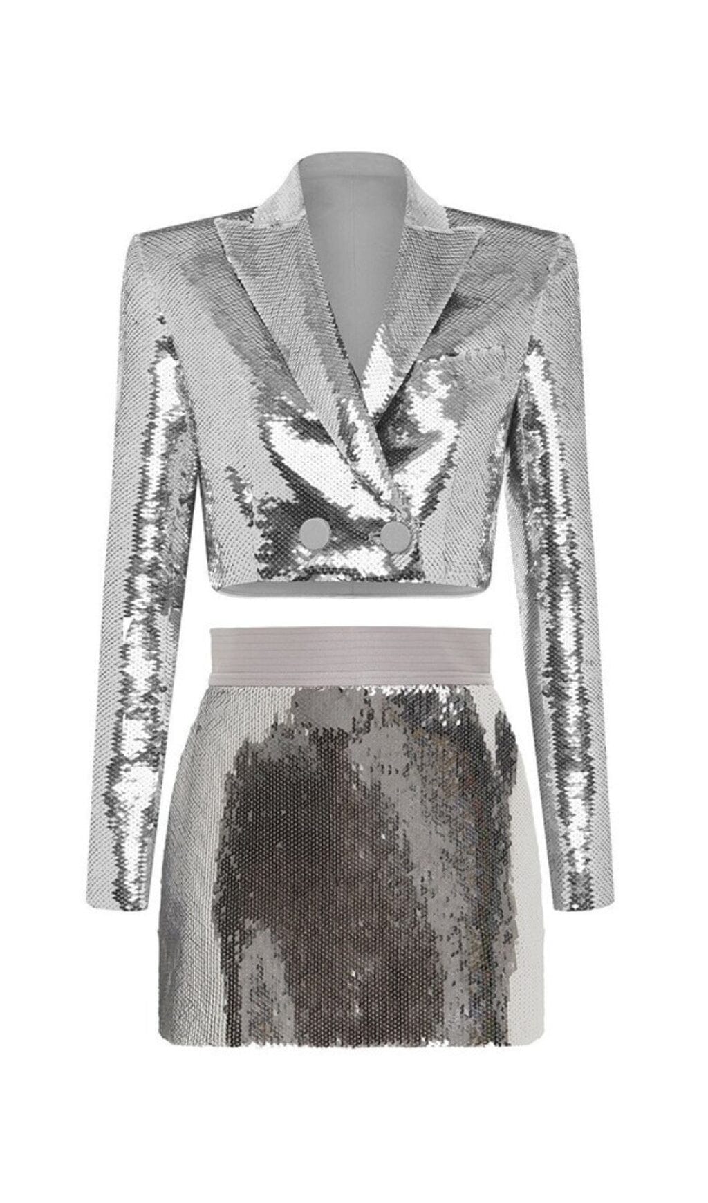 SEQUIN SHORT TWO PIECES SUIT IN SLIVER styleofcb 