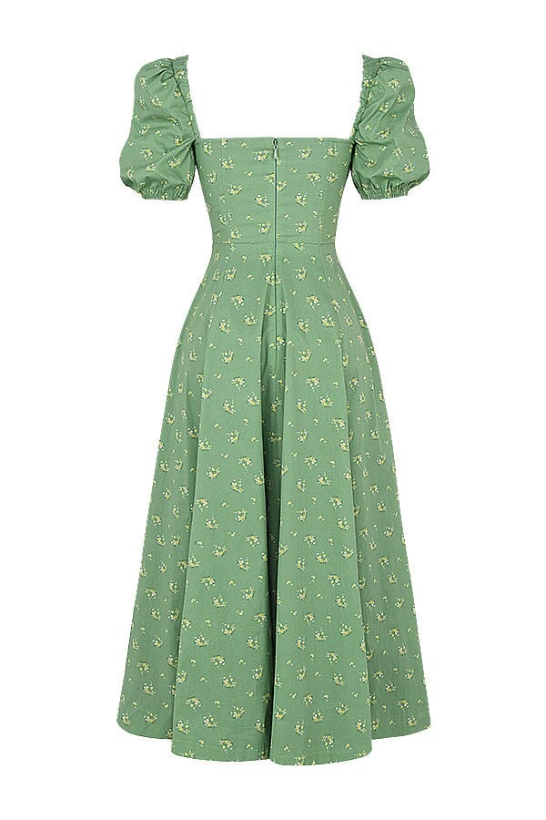 VINTAGE FLORAL PUFF SLEEVE MIDI DRESS IN GREEN styleofcb 