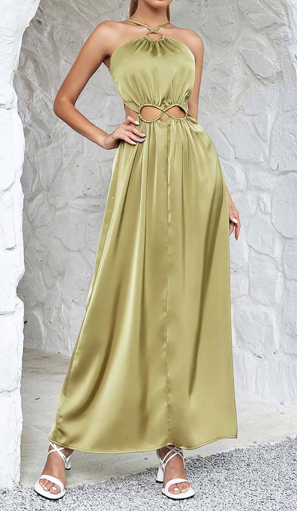 WAIST CUTOUT SATIN MAXI DRESS IN OLIVE DRESS STYLE OF CB 