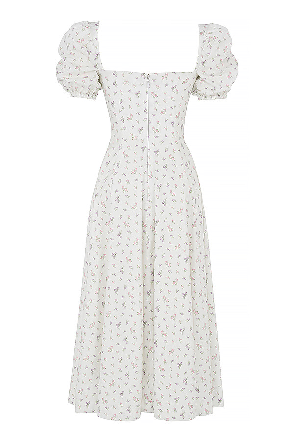 WHITE FLORAL PUFF SLEEVE MIDI DRESS