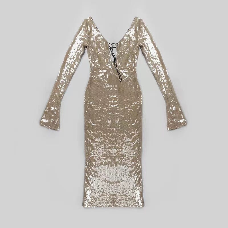 SEQUINED WITH LONG SLEEVES AND BACKLESS DRESS IN KHAKI styleofcb 