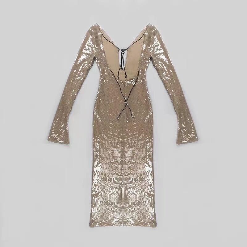 SEQUINED WITH LONG SLEEVES AND BACKLESS DRESS IN KHAKI styleofcb 