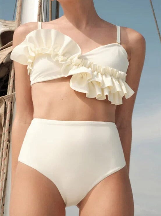 WHITE RUFFLE DETAIL HIGH WAIST BIKINI SWIMSUIT styleofcb 