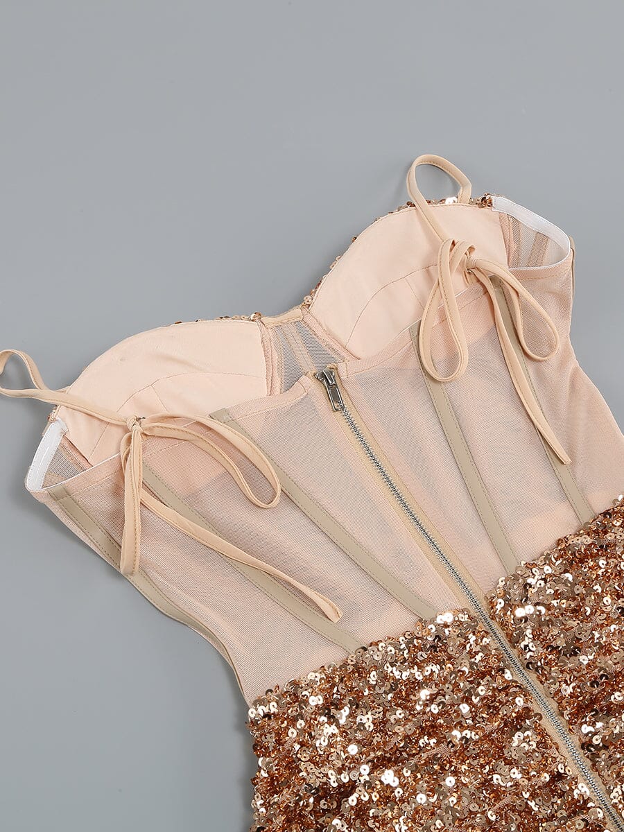 SEQUIN CORSET MIDI DRESS IN CHAMPAGNE styleofcb 